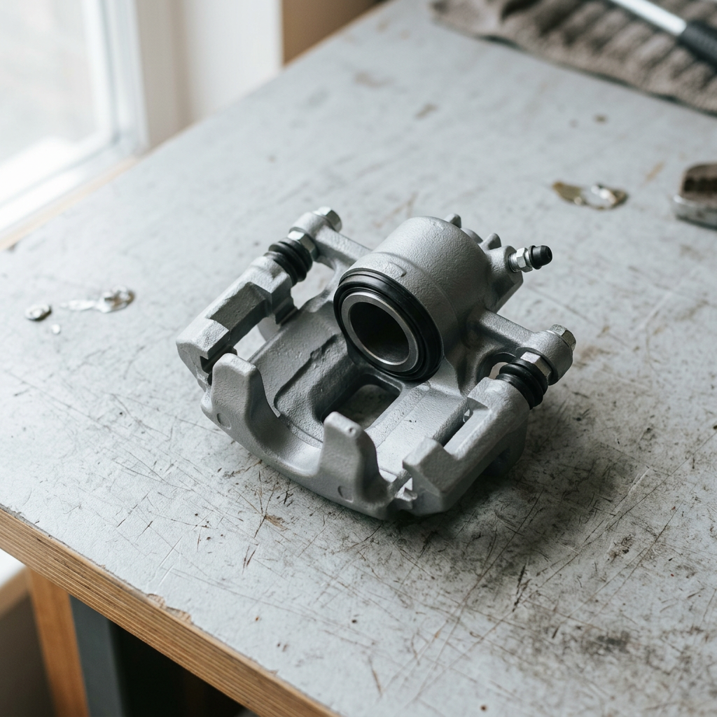 Remanufactured brake caliper on a workshop bench