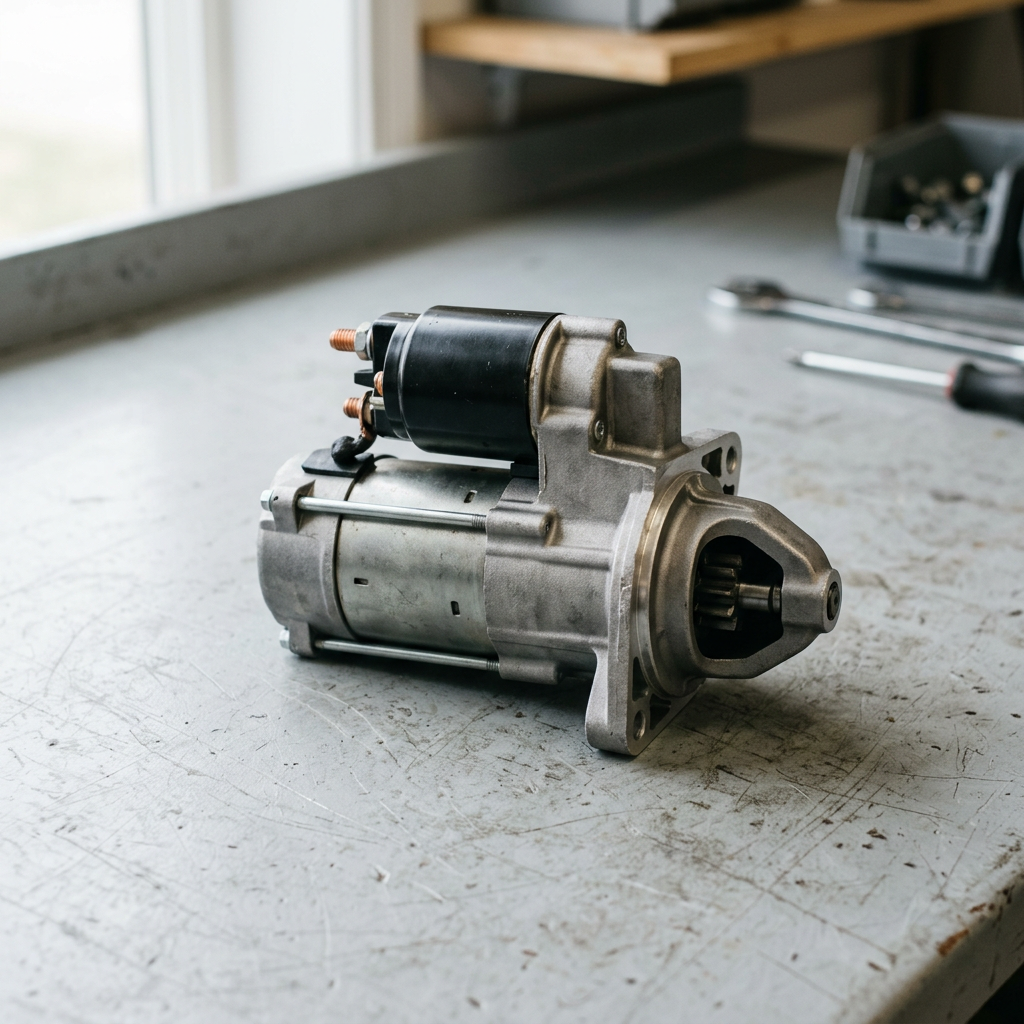 Starter motor on a workshop bench